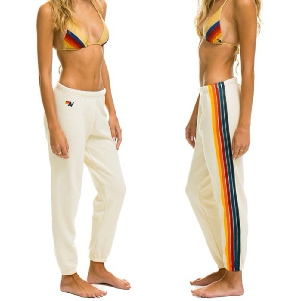 Aviator Nation Cream Joggers with Rainbow Side Stripes
